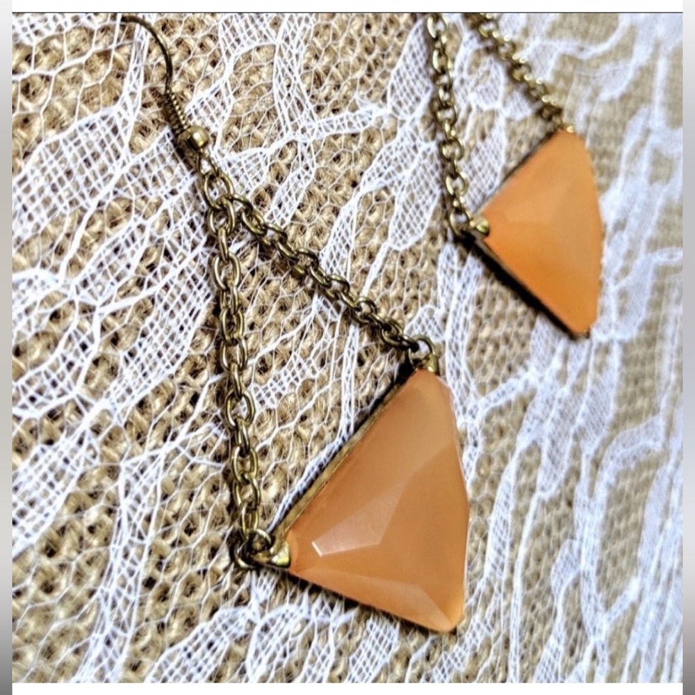 Gorgeous peach triangle dangle earrings on a chain vintage moody earrings